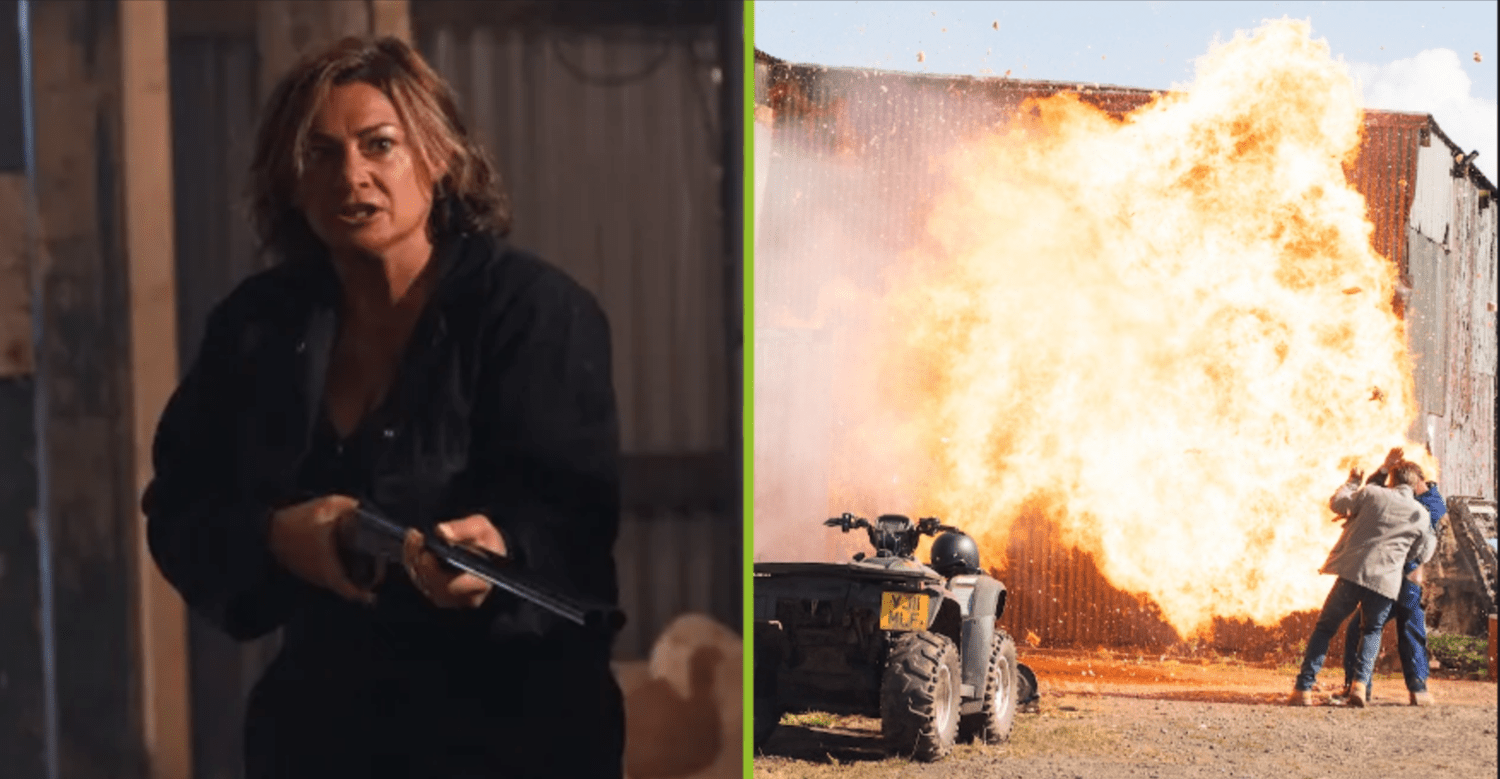 Moira and a barn explosion in Emmerdale