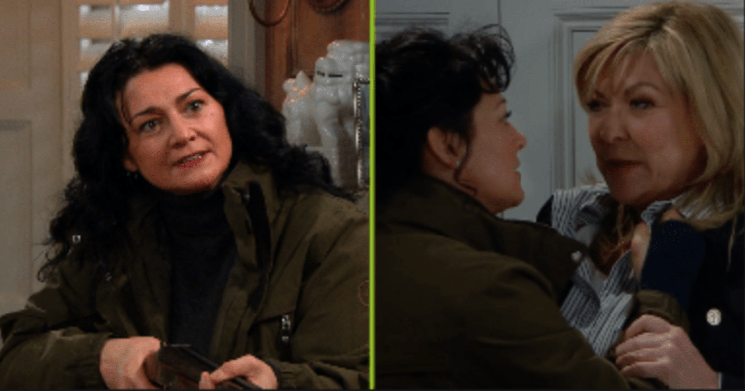 Moira Dingle with a gun, Moira pinning Kim up the wall