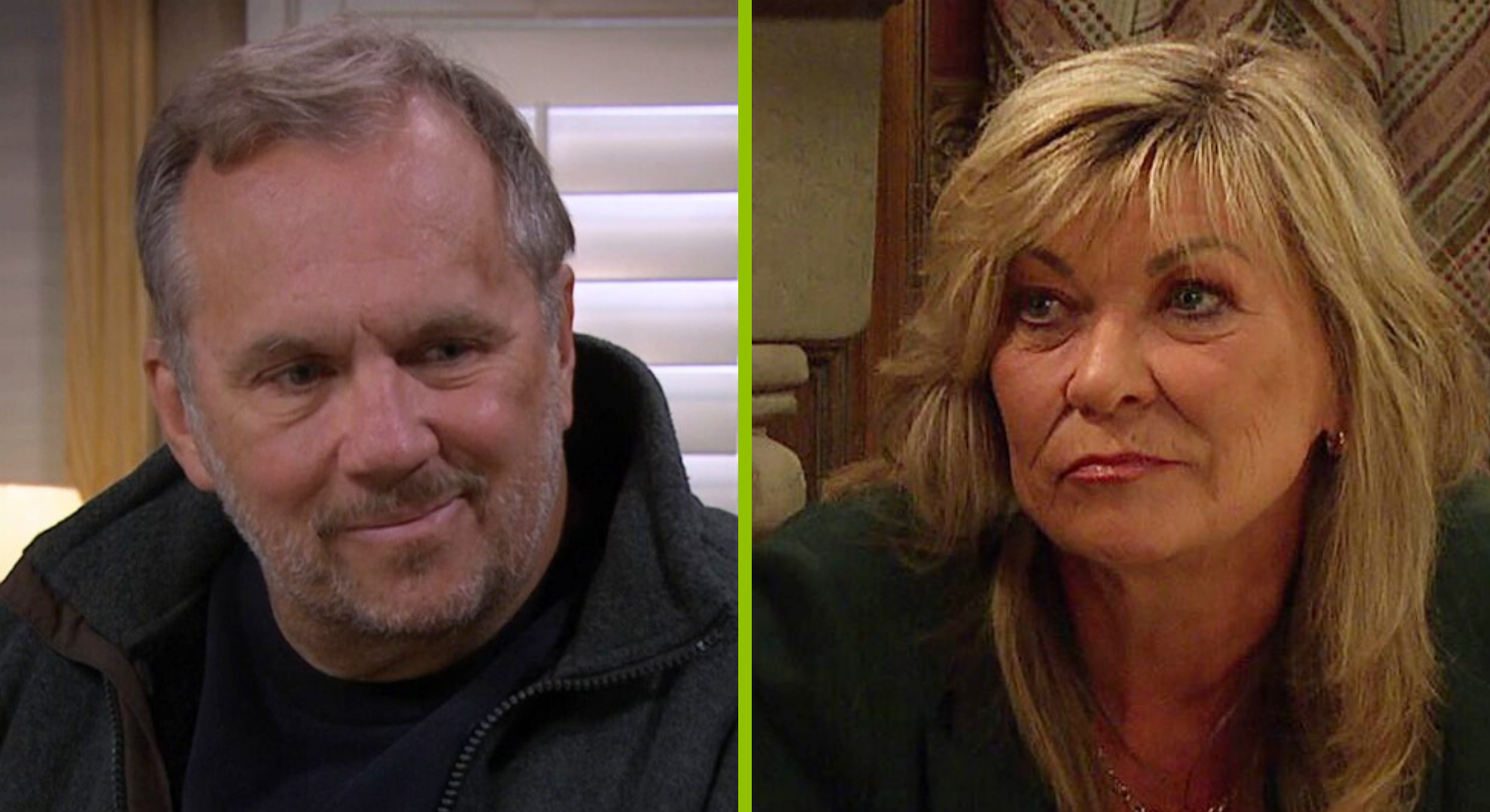 Composite image of Will and Kim on Emmerdale, both looking smug (Credit: ITV/Composite: EI)