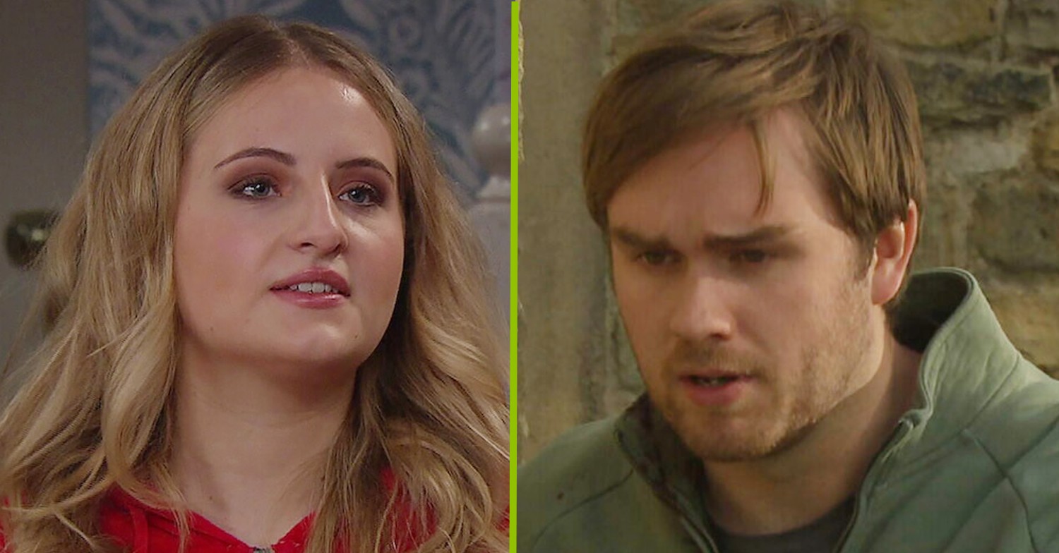 Composite image of Tom and Amelia on Emmerdale; he looks hurt while she's angry (Credit: ITV/Composite: EI)